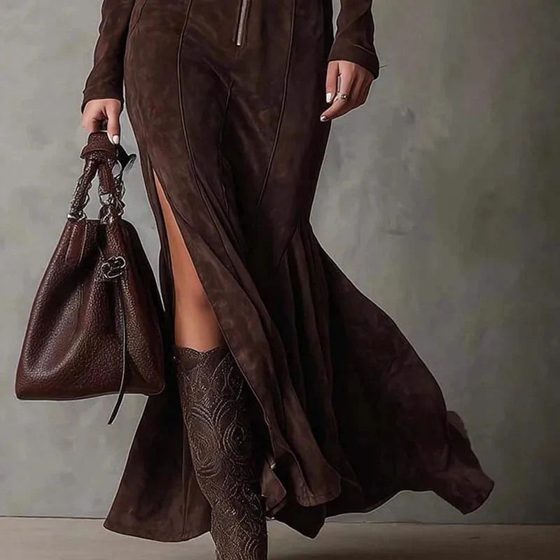 Belt Solid Long Sleeve Slim Fit Maxi Dress