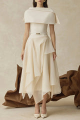Beige Cape Sleeve Ruffle Midi Dress with Belt
