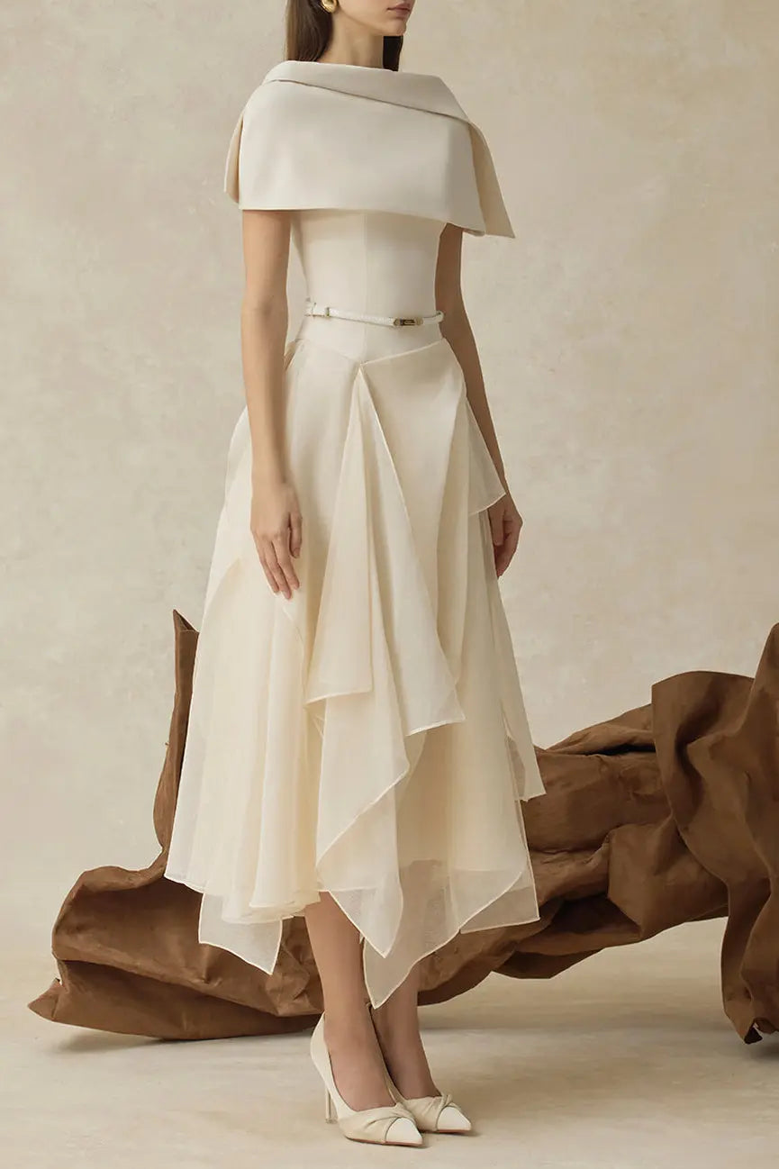 Beige Cape Sleeve Ruffle Midi Dress with Belt