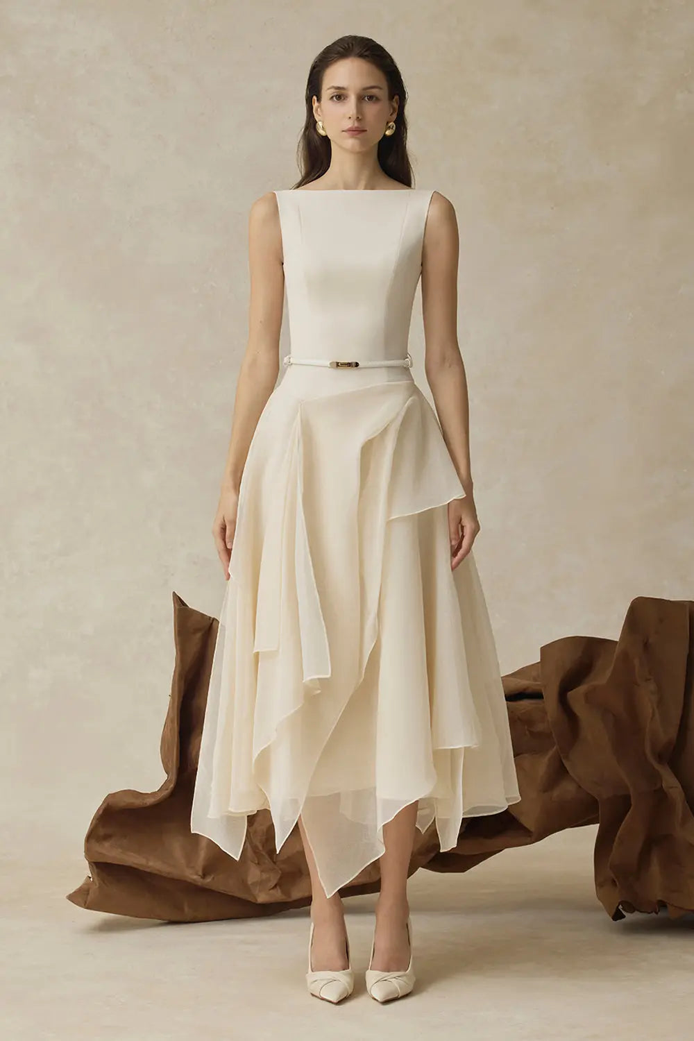 Beige Cape Sleeve Ruffle Midi Dress with Belt