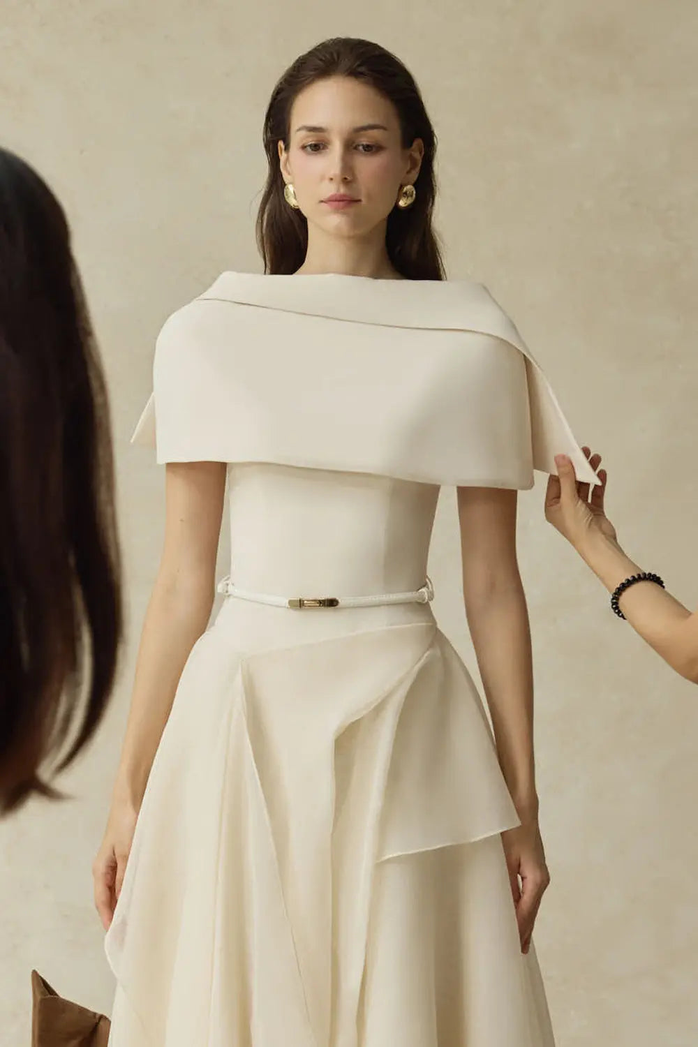 Beige Cape Sleeve Ruffle Midi Dress with Belt