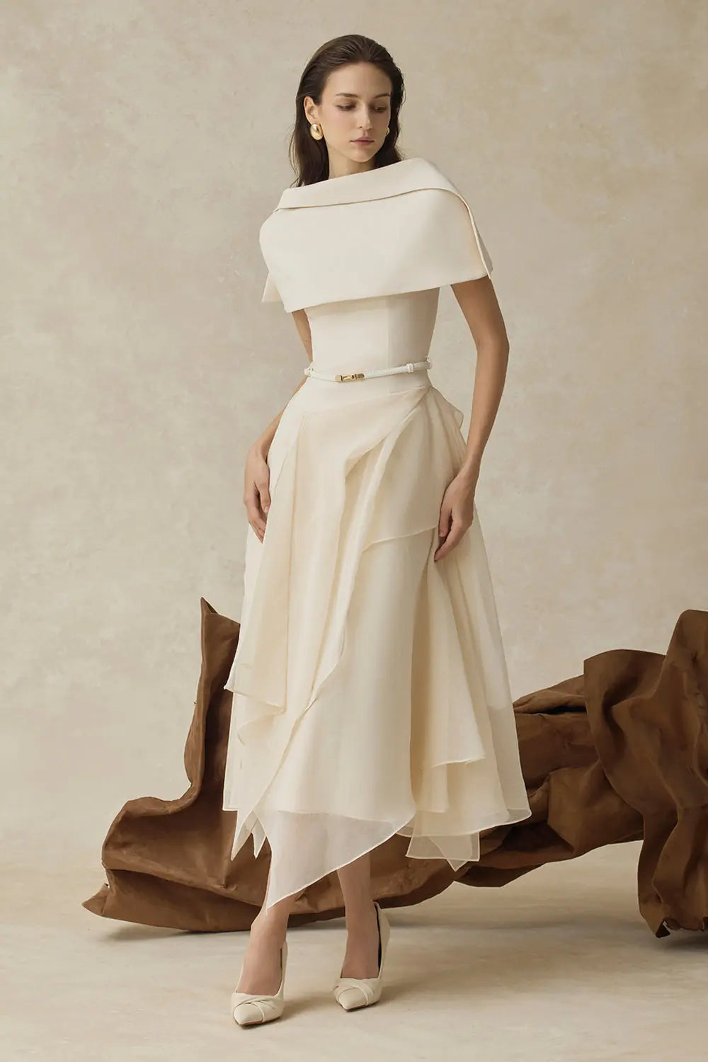 Beige Cape Sleeve Ruffle Midi Dress with Belt