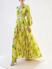 Floral Print Lantern Sleeve Maxi Dress in Yellow