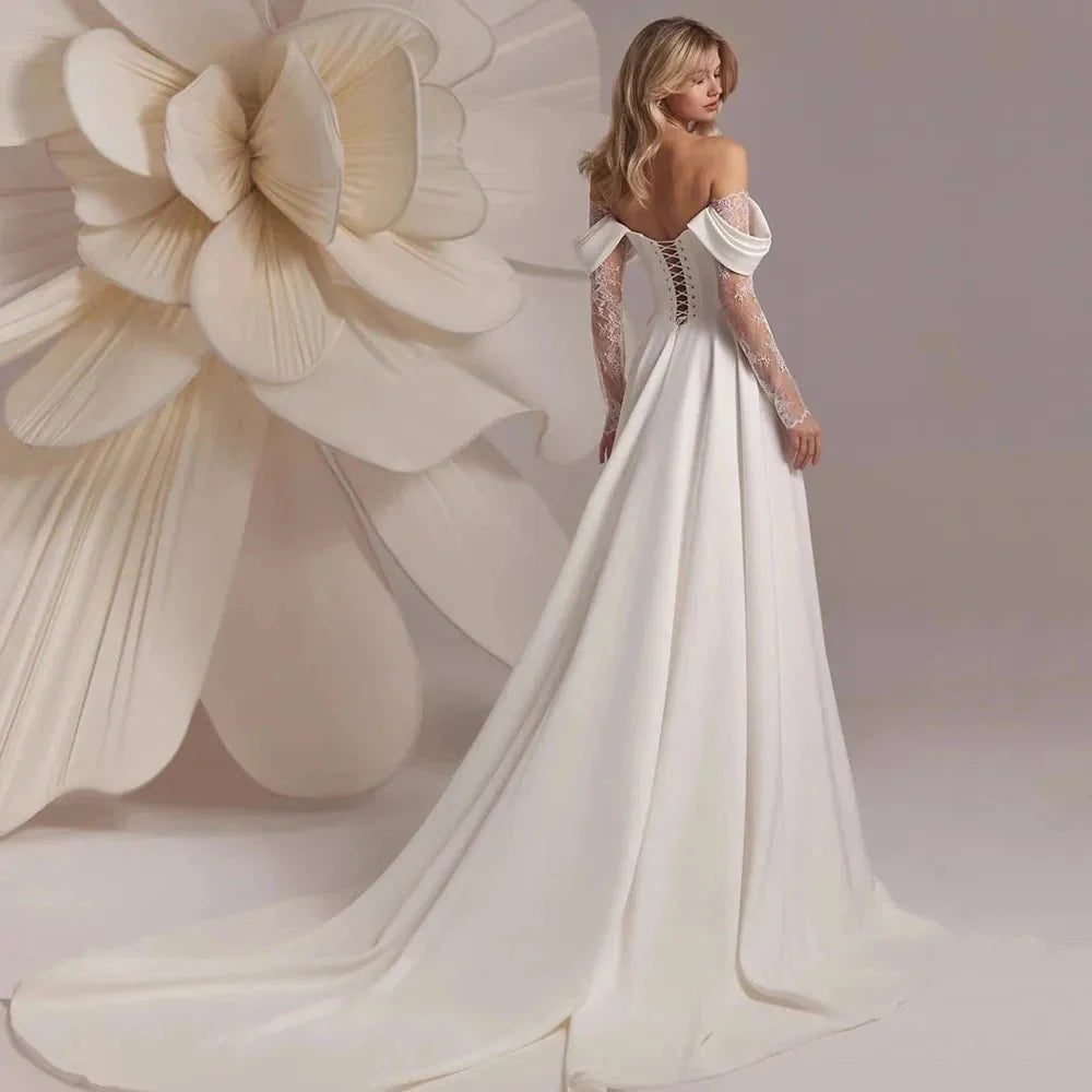 A Line Off Shoulder Split Satin Lace Appliques Bridal Gowns
