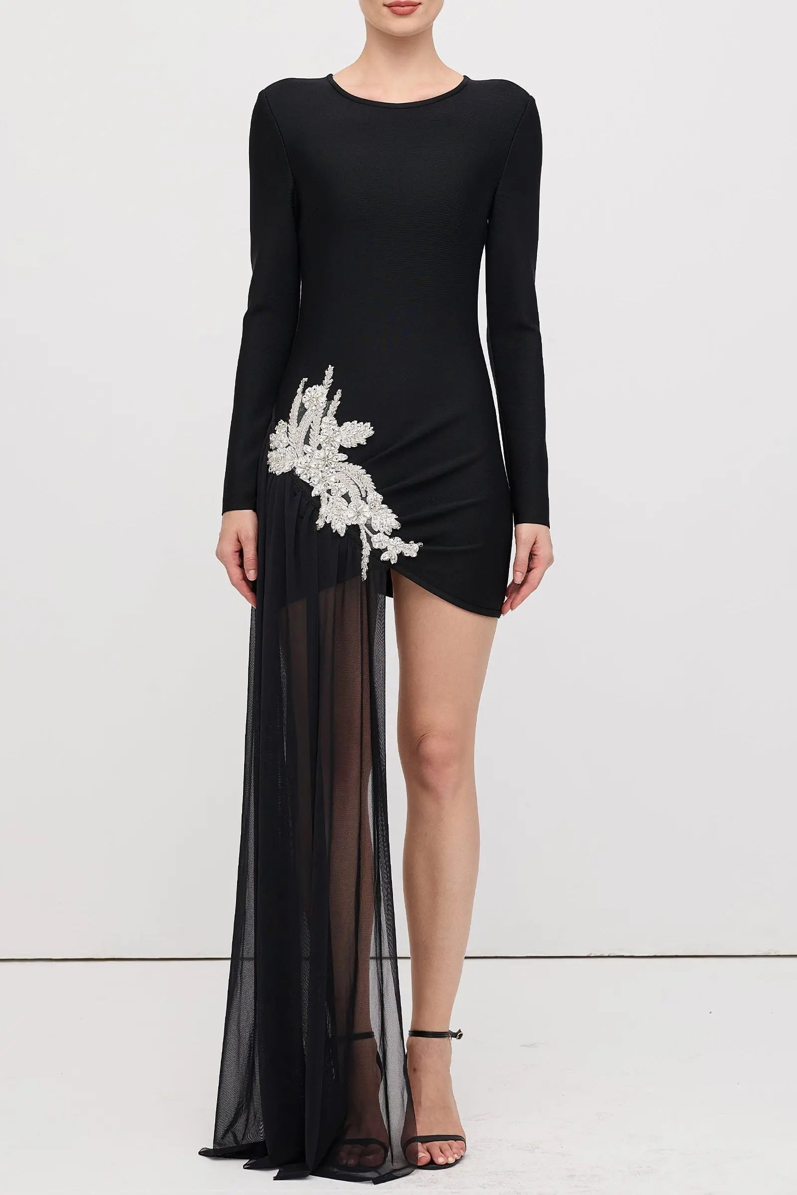 Black Asymmetrical With Rhinestone Embellishments Mini Dress