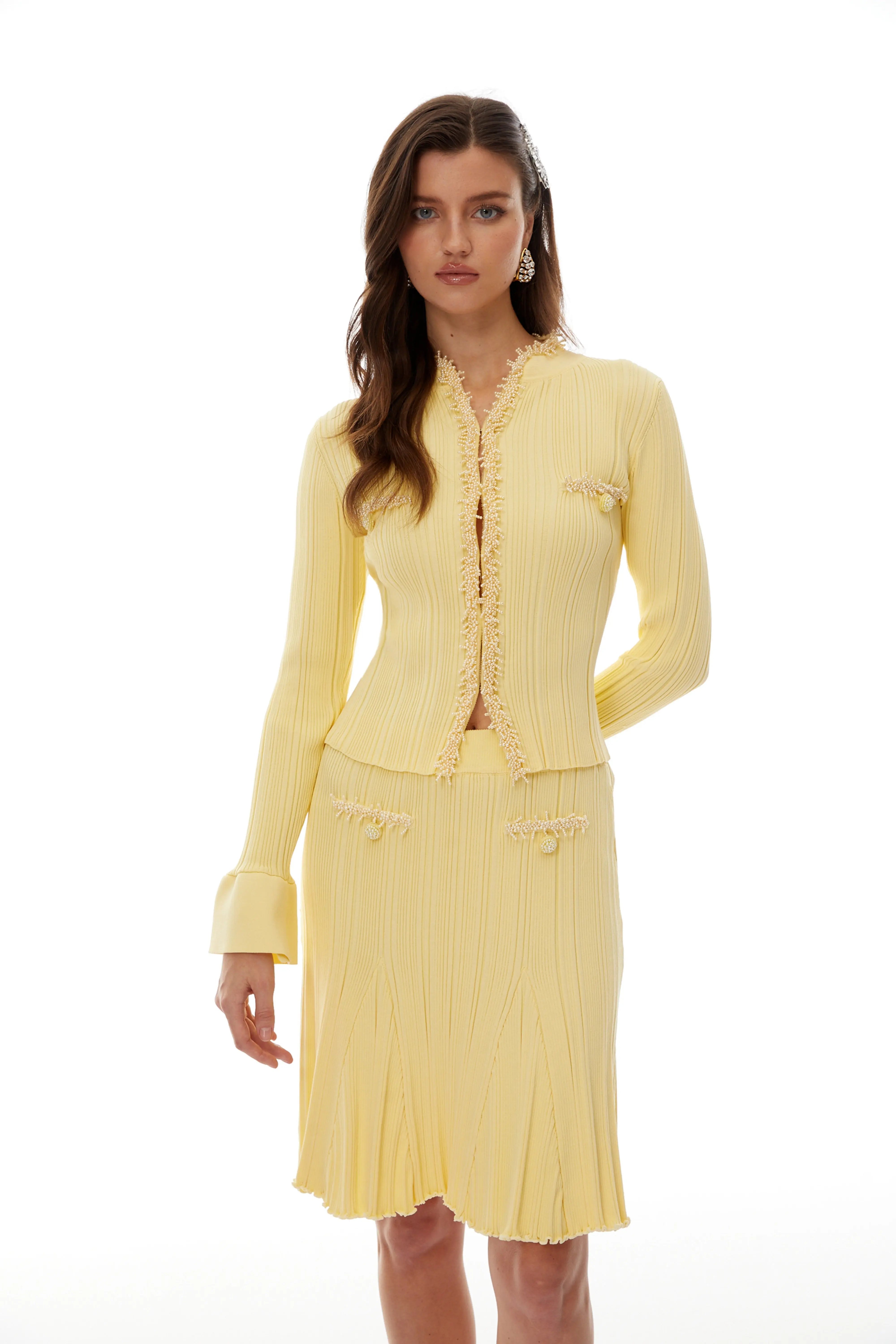 Yellow Knit BlouSequin & Skirt Set