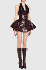 Sequin Halter Mini Dress in Merlot