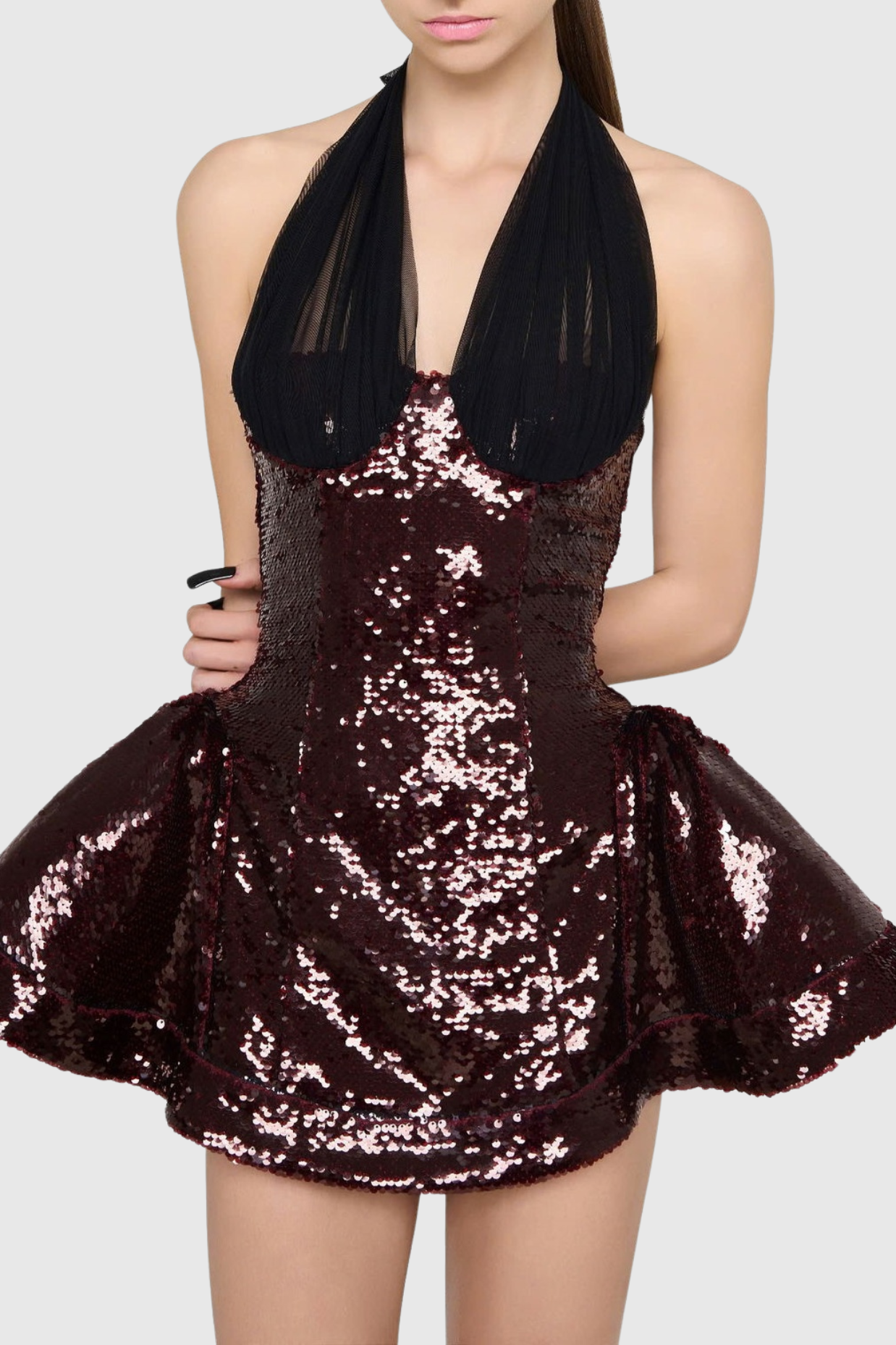 Sequin Halter Mini Dress in Merlot