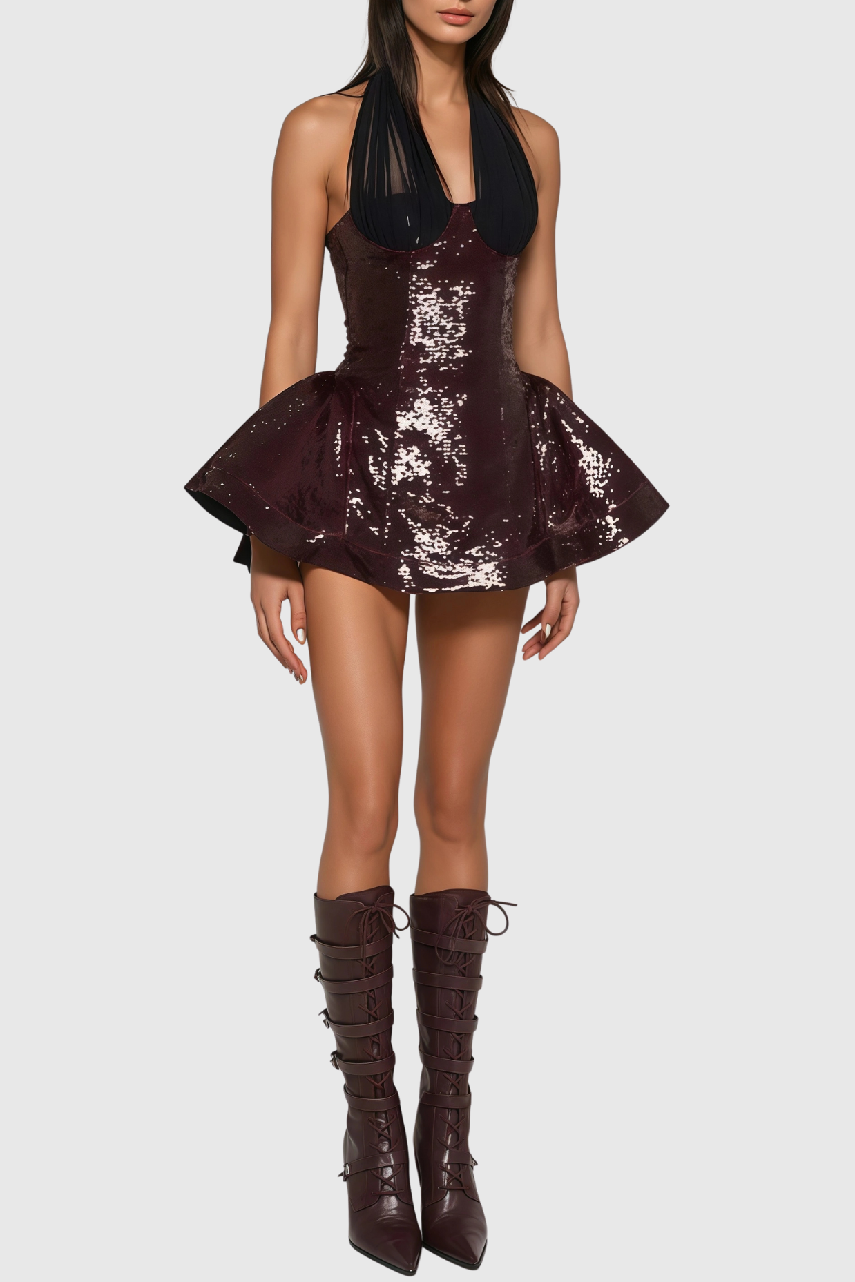 Sequin Halter Mini Dress in Merlot