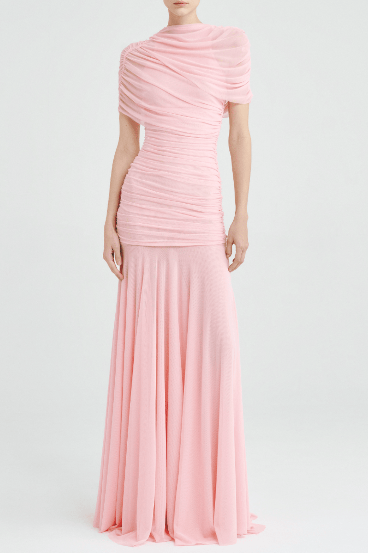 Mesh Shawl Ruched Maxi Dress - Pink