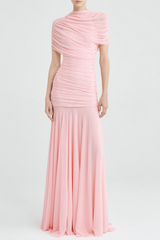 Mesh Shawl Ruched Maxi Dress - Pink