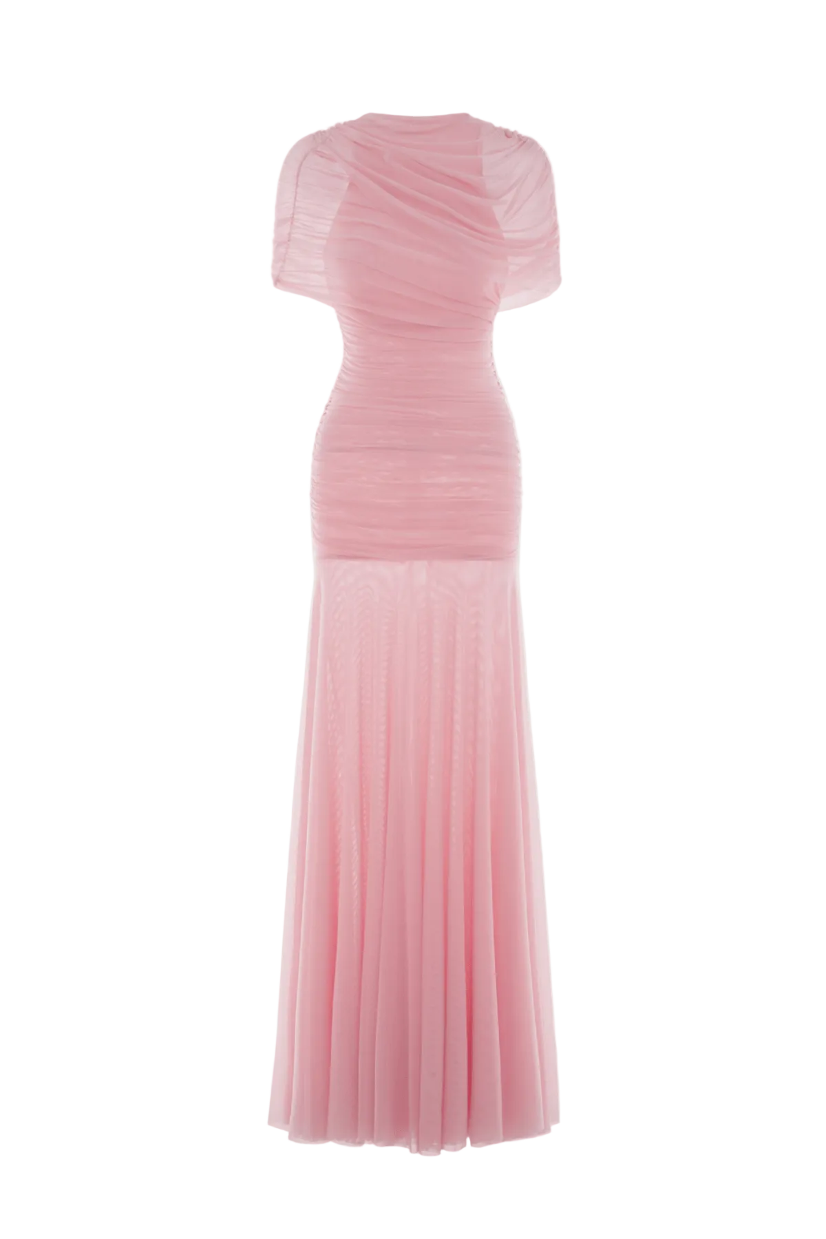 Mesh Shawl Ruched Maxi Dress - Pink