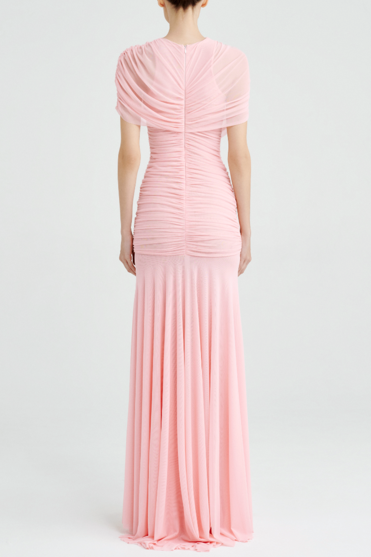 Mesh Shawl Ruched Maxi Dress - Pink