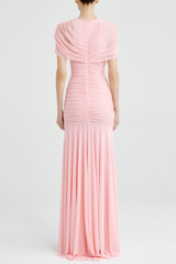 Mesh Shawl Ruched Maxi Dress - Pink