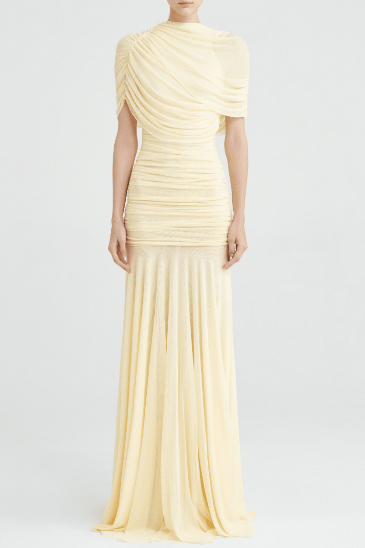 Mesh Shawl Ruched Maxi Dress - Yellow