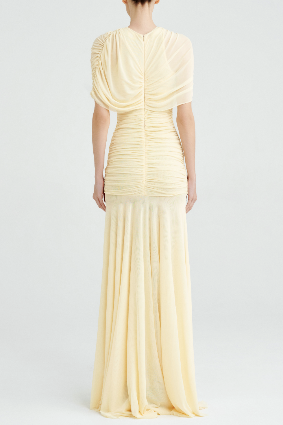 Mesh Shawl Ruched Maxi Dress - Yellow