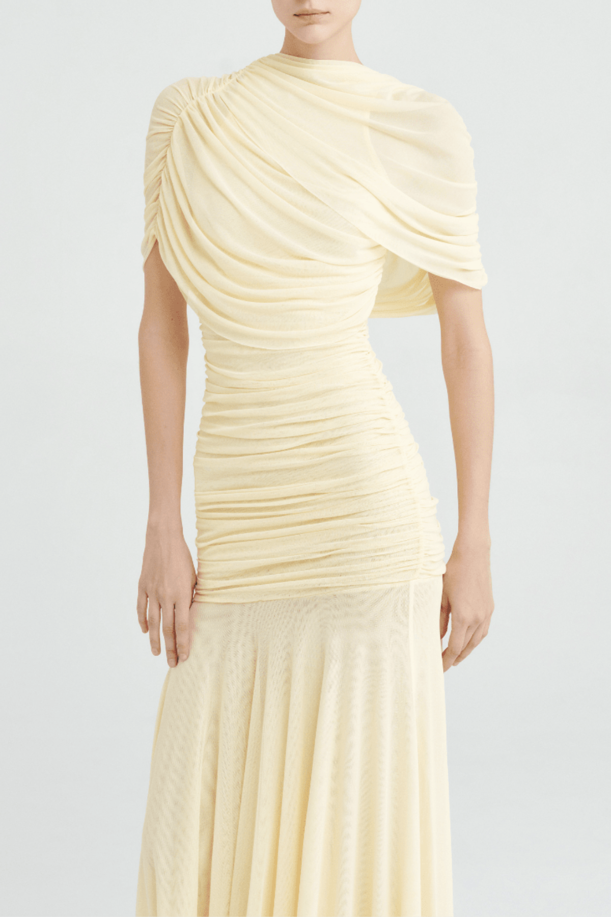 Mesh Shawl Ruched Maxi Dress - Yellow