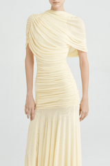 Mesh Shawl Ruched Maxi Dress - Yellow
