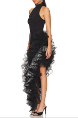 Halter Sleeveless Sequin Ruffle Trim Maxi Dress in Black