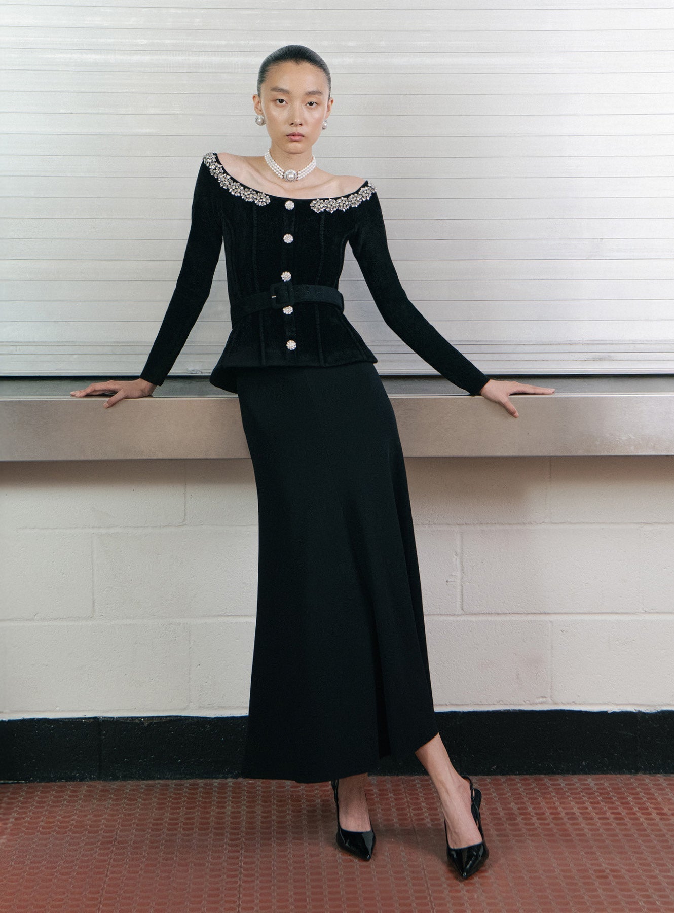 Black Knit Crystal Trim Midi Dress