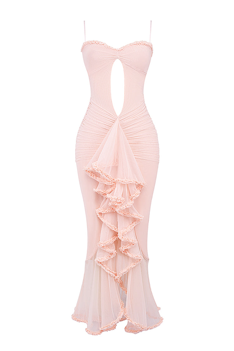 Ruffled Mesh Maxi Dress - Pink