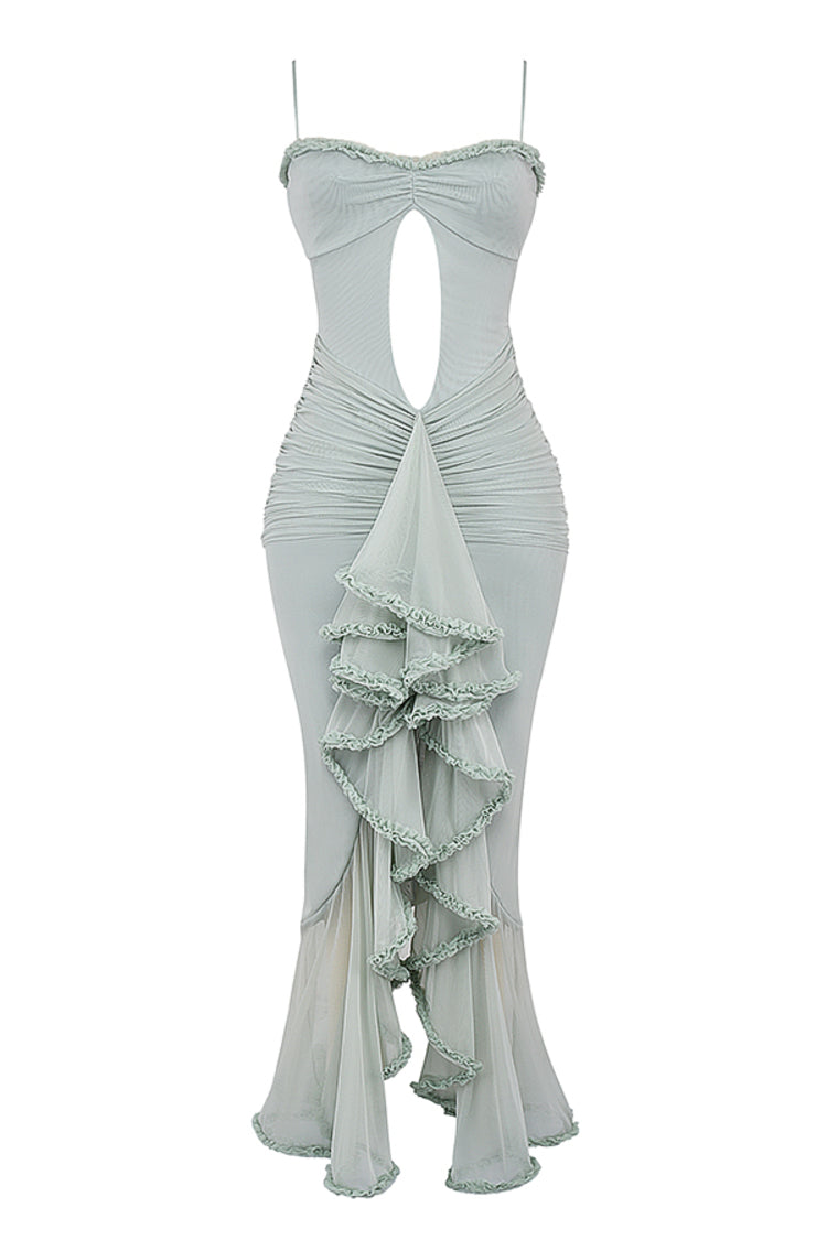 Ruffled Mesh Maxi Dress - Blue