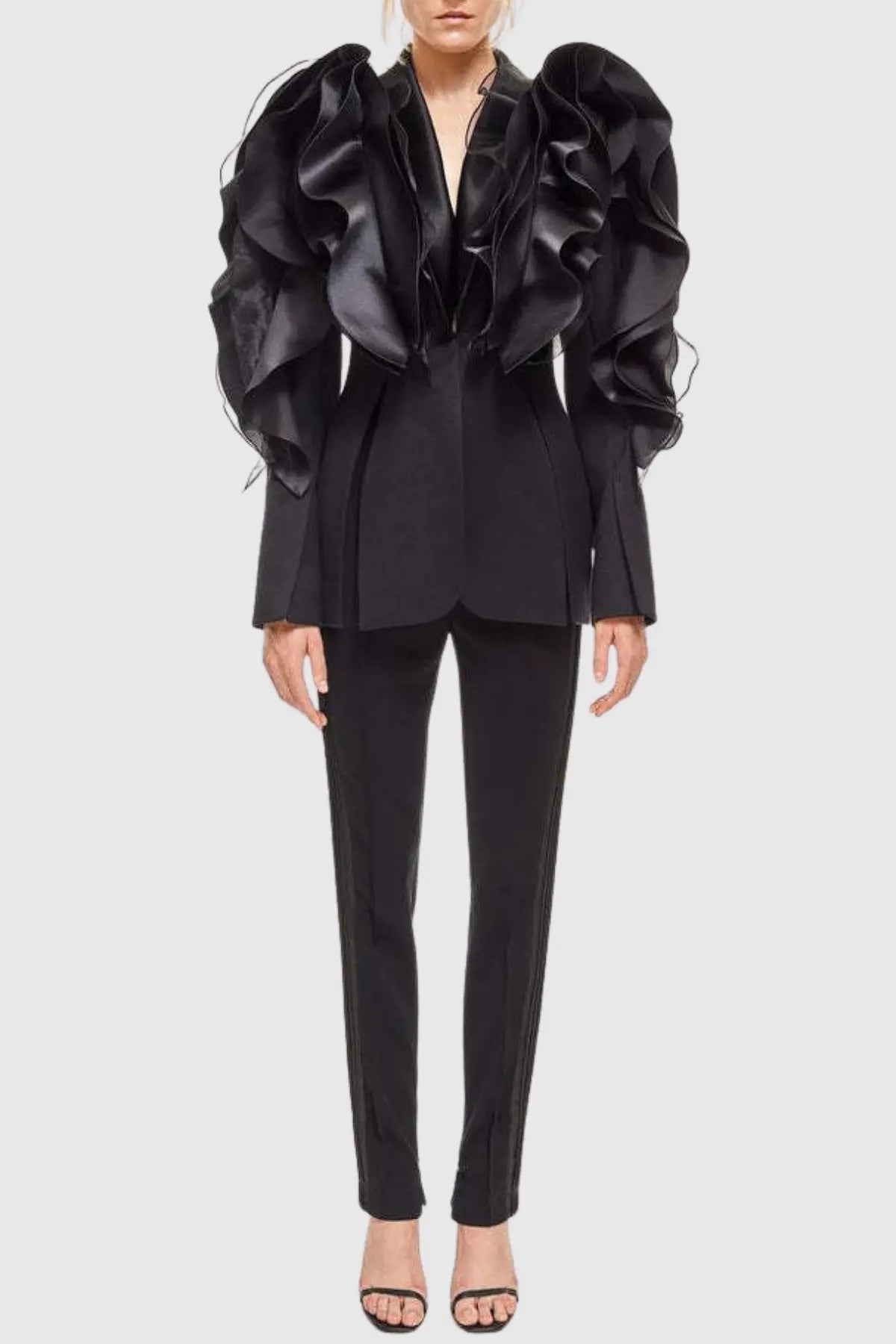 Ruffle Embellished Blazer in Black