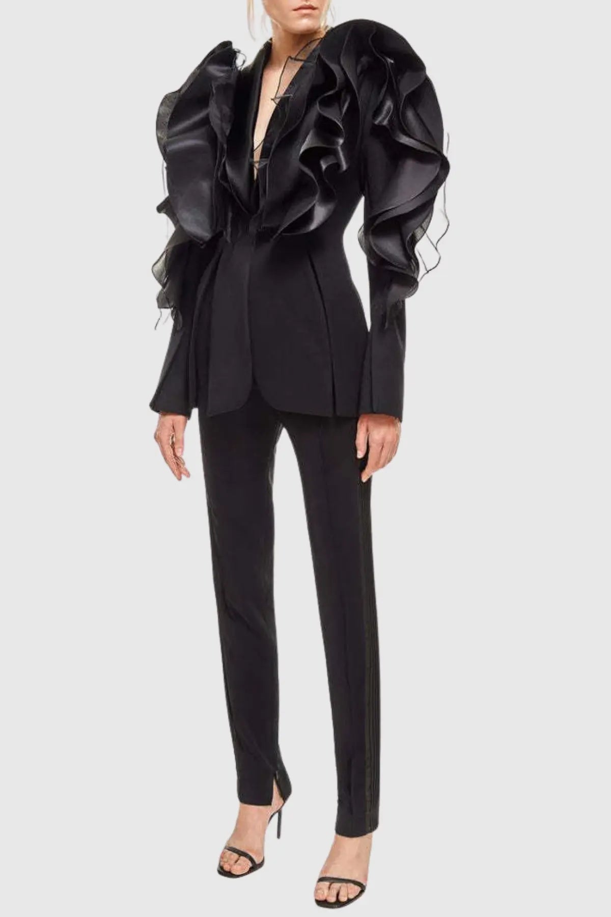 Ruffle Embellished Blazer in Black