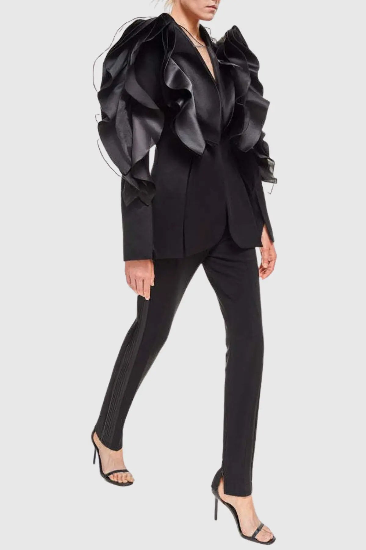 Ruffle Embellished Blazer in Black