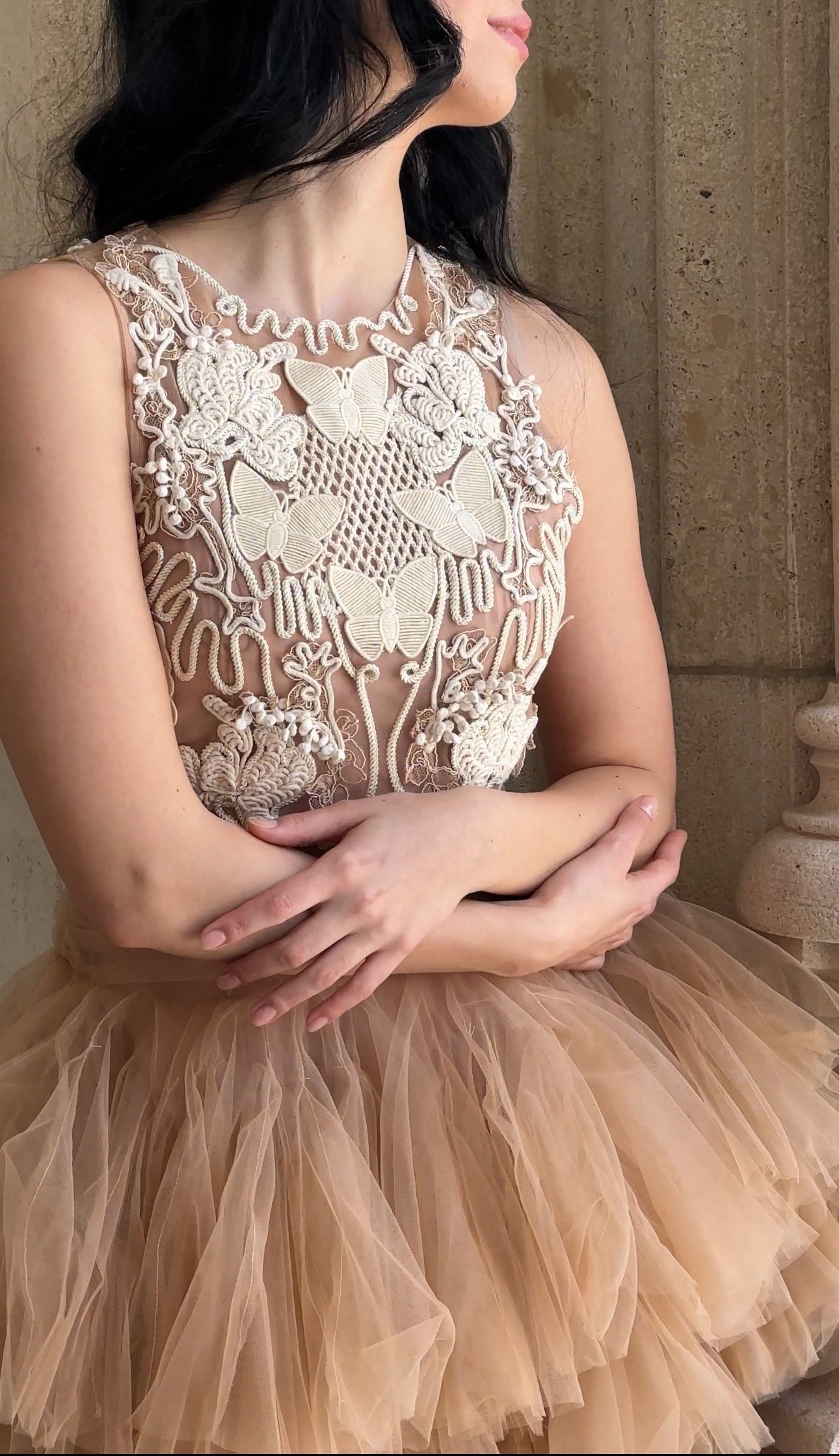 Beige Mini Dress with 3D Applique