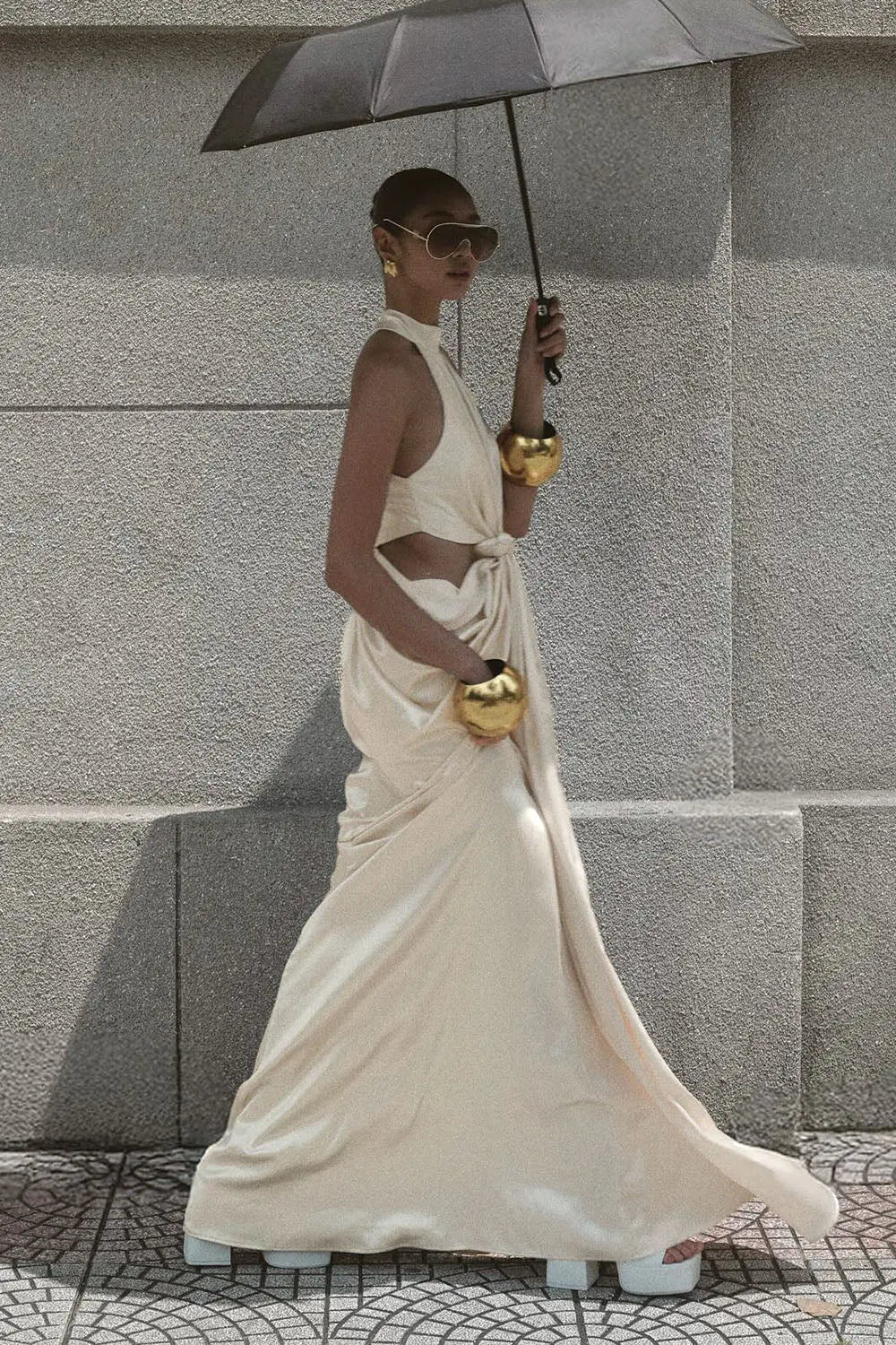 Stephanie Cutout Waist Halter Maxi Dress in Beige