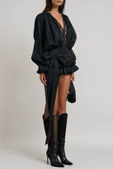 Cornelia V Neck Lace Mini Dress in Black