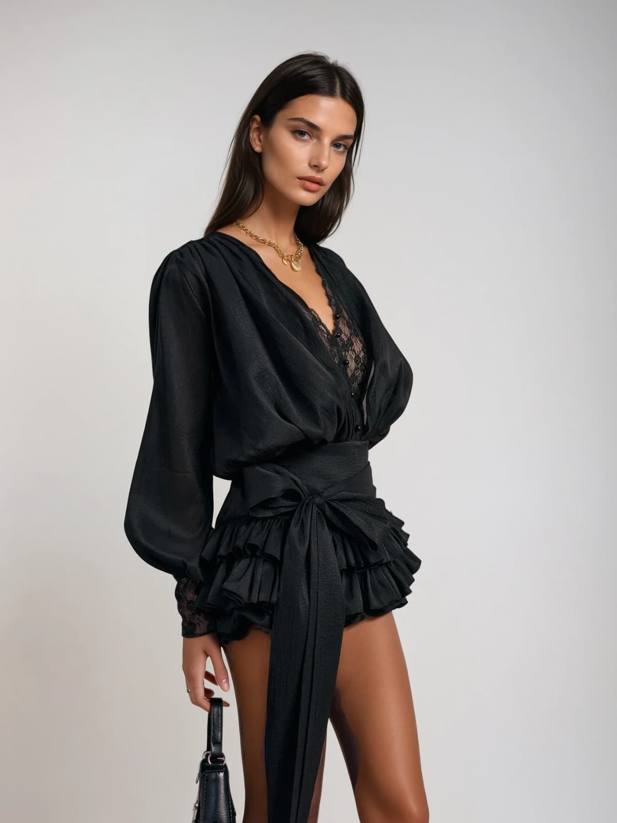 Cornelia V Neck Lace Mini Dress in Black