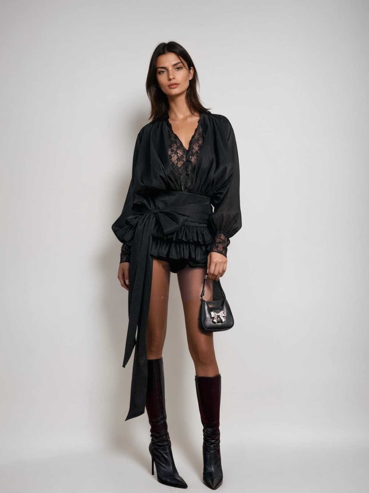 Cornelia V Neck Lace Mini Dress in Black