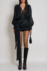 Cornelia V Neck Lace Mini Dress in Black