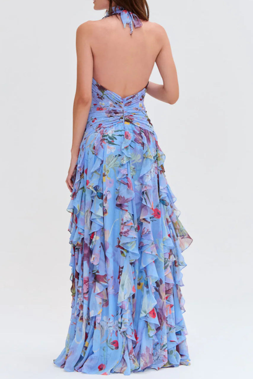 Floral Halter Ruffle Maxi Dress in Blue