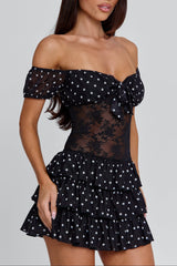 Lace-Trimmed Mini Dress in Black