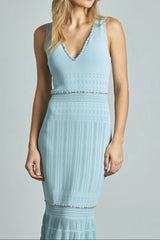 V-Neck Beading Knit Bodycon Maxi Dress in Blue
