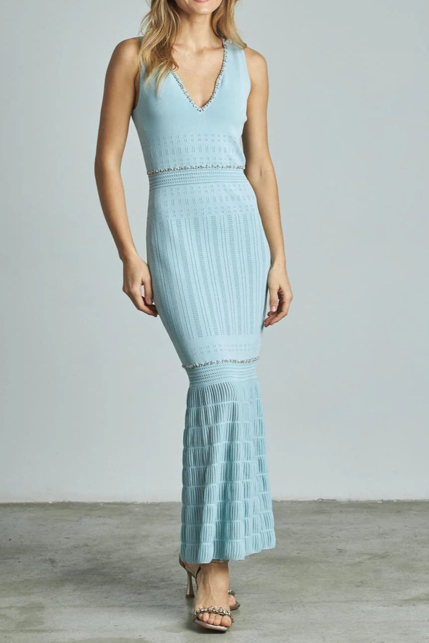 V-Neck Beading Knit Bodycon Maxi Dress in Blue