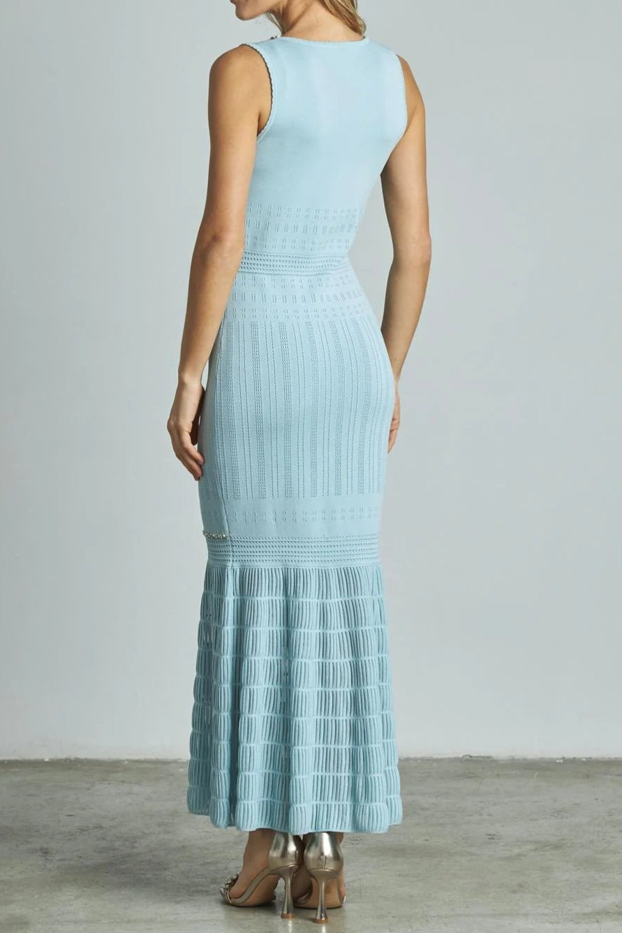 V-Neck Beading Knit Bodycon Maxi Dress in Blue