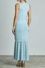 V-Neck Beading Knit Bodycon Maxi Dress in Blue