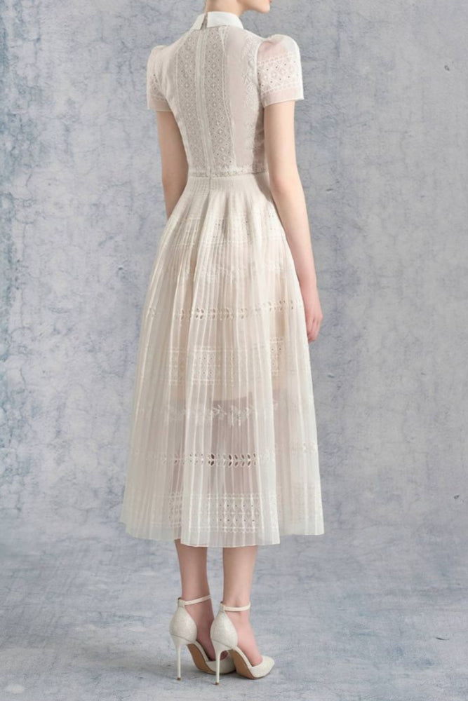 Lace Hollow Embroidery Midi Dress in Apricot