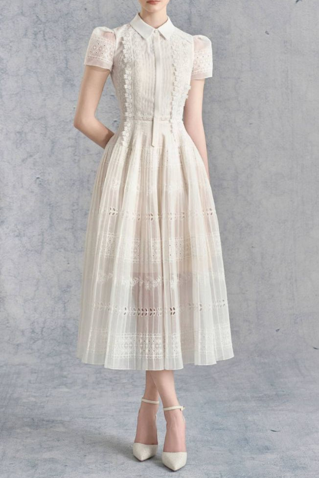 Lace Hollow Embroidery Midi Dress in Apricot