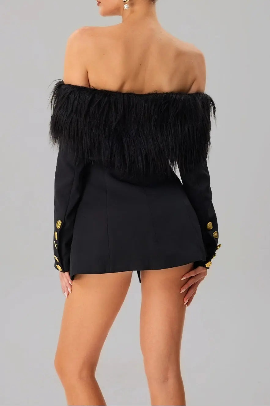 Black Off-shoulder Feather Metal Buckle Decoration Blazer Mini Dress