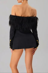 Black Off-shoulder Feather Metal Buckle Decoration Blazer Mini Dress
