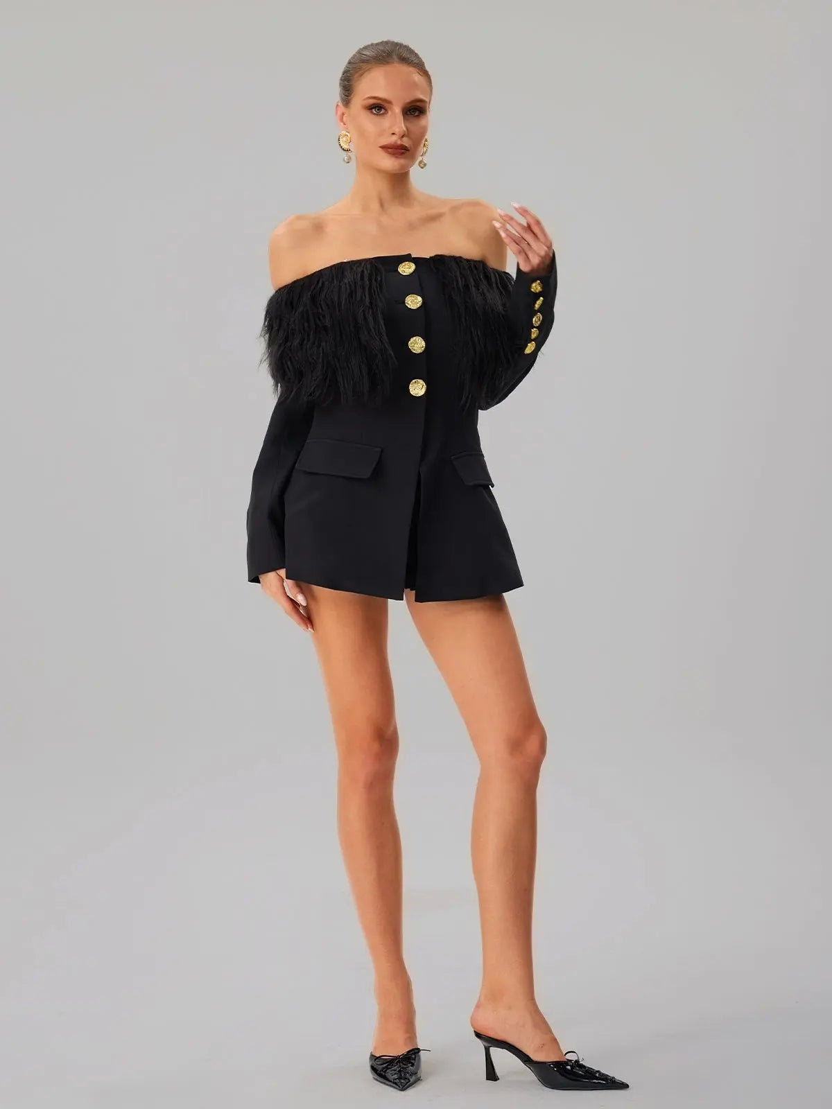 Black Off-shoulder Feather Metal Buckle Decoration Blazer Mini Dress