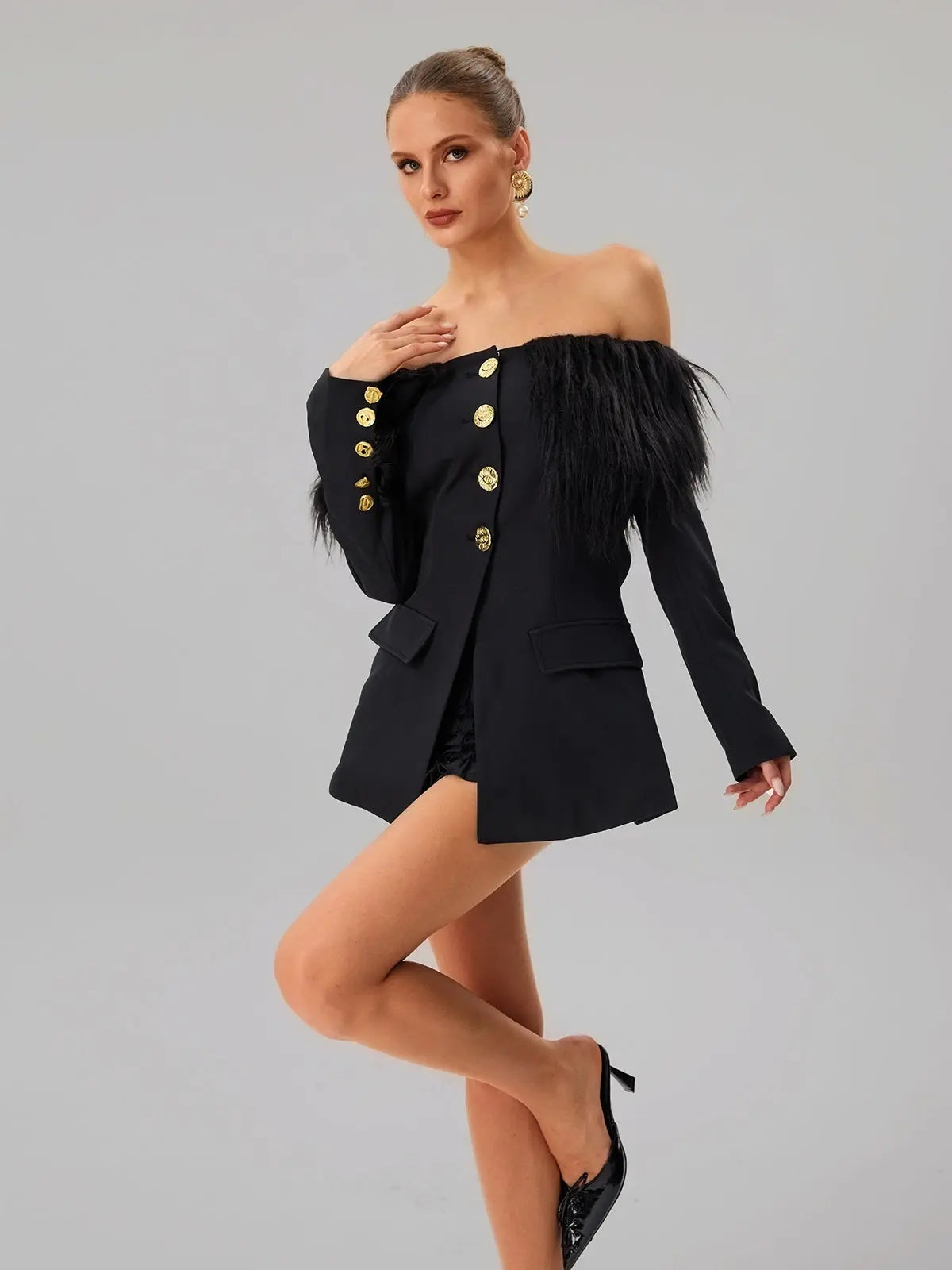 Black Off-shoulder Feather Metal Buckle Decoration Blazer Mini Dress
