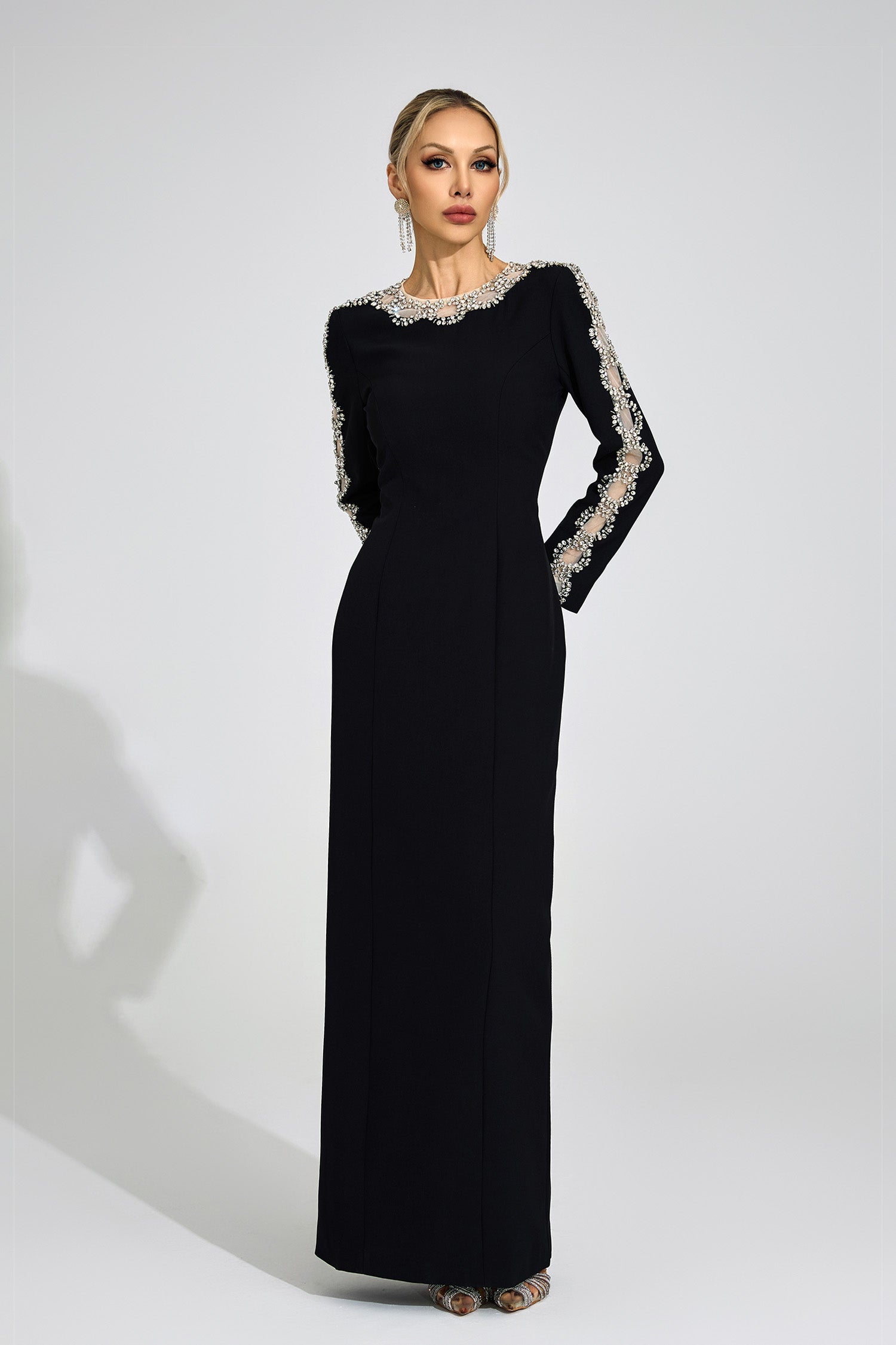 Rhinestone Embellished Cutout Maxi Dress - Black
