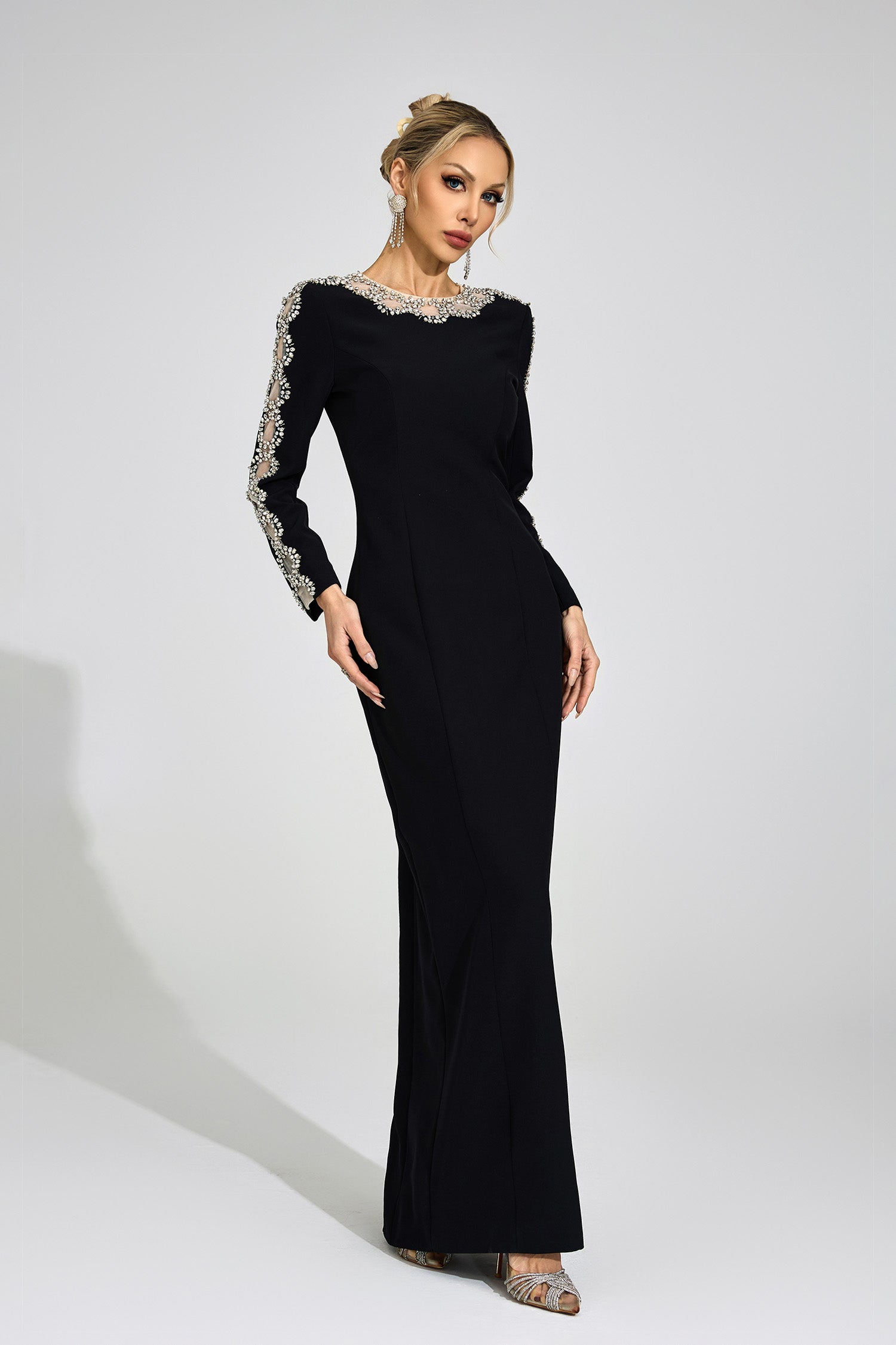 Rhinestone Embellished Cutout Maxi Dress - Black
