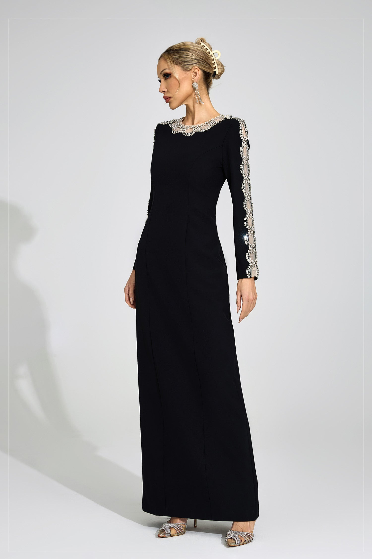 Rhinestone Embellished Cutout Maxi Dress - Black